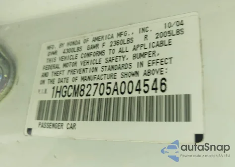 2005 Honda Accord 3.0 Ex from USA, damaged, VIN 1HGCM82705A004546